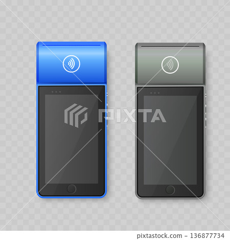 Realistic Mobile POS Terminal Mockup Set. Vector Contactless Payment Machine and Card Reader Template. 136877734