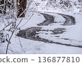 冬日的林間小路，融化的雪水在路面上閃閃發光，車轍蜿蜒曲折。 136877810