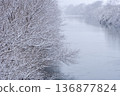 冬天，雪花輕輕飄落在河岸邊，樹木也被白雪覆蓋。 136877824