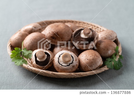 Fresh crimini mushroom or baby bella mushroom in a basket on fabric background 136877886