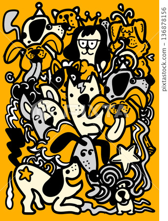 Dog cartoon doodle illustration playful happy animal cute yellow background creative art fun 136878156