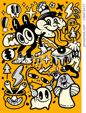 Cartoon character, mushroom, ghost, lightning, eye, and skull in playful doodle art style Cartoon character, mushroom, ghost, lightning, eye, and skull in playful doodle art style 136878157