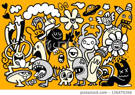 Cartoon monster doodle flower cloud happy funny playful yellow background creative art 136878166