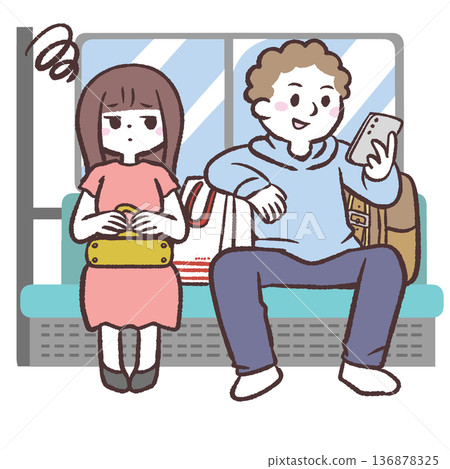 Illustration of a woman being annoyed by passengers with lots of luggage taking up space on the train Illustration of a woman being annoyed by passengers with lots of luggage taking up space on the train 136878325