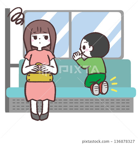Illustration of a child and a woman riding in a train with their shoes on Illustration of a child and a woman riding in a train with their shoes on 136878327