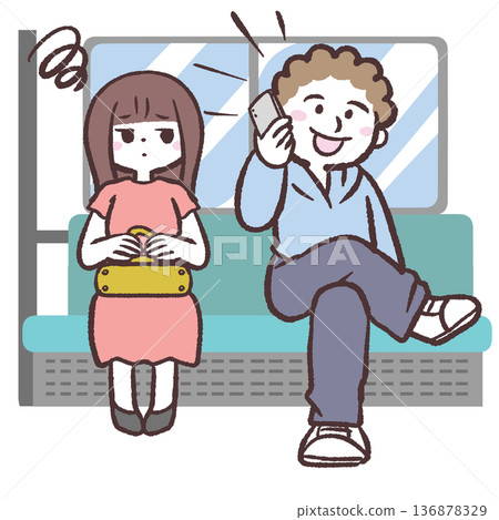 插圖描繪了一位女士因火車上有人說話而感到惱火的情景。 136878329