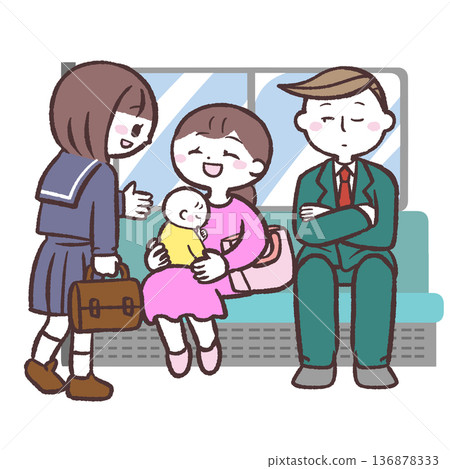 圖：一名學生將座位讓給一位抱著嬰兒的婦女 136878333