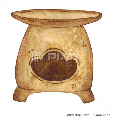 Brown clay Chinese teapot chafing dish. Hand-drawn watercolor illustration, cartoon. Design for stickers, cards, posters, scrapbooking. Food, China, ceremony, tea party, China, Japan Brown clay Chinese teapot chafing dish. Hand-drawn watercolor illustration, cartoon. Design for stickers, cards, posters, scrapbooking. Food, China, ceremony, tea party, China, Japan 136878434