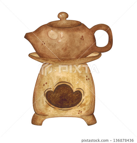 A Chinese teapot on a brazier. Hand-drawn watercolor illustration, cartoon. Design for stickers, cards, posters, scrapbooking. Food, China, ceremony, tea party, China, Japan 136878436