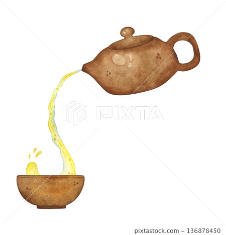 A stream of tea is poured from a teapot into a bowl. Hand-drawn watercolor illustration, cartoon. Design for sticker, card, poster, scrapbooking. Food, China, ceremony, tea party, China, India, Japan A stream of tea is poured from a teapot into a bowl. Hand-drawn watercolor illustration, cartoon. Design for sticker, card, poster, scrapbooking. Food, China, ceremony, tea party, China, India, Japan 136878450