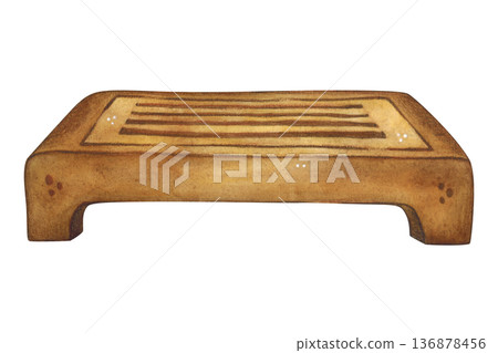 Brown wooden chiban. Hand-drawn watercolor illustration, cartoon. Design for stickers, cards, posters, scrapbooking. Food, China, ceremony, tea party, China, India, Japan 136878456
