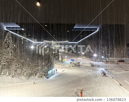 Nighttime ski resort slope seen through a wet window with reflections and snowy trees Nighttime ski resort slope seen through a wet window with reflections and snowy trees 136878623
