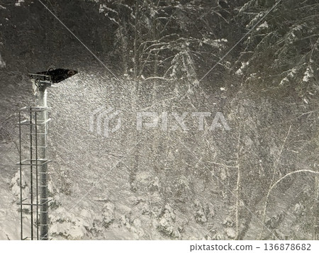 Snowfall lit by tower light in a winter forest during heavy snowstorm Snowfall lit by tower light in a winter forest during heavy snowstorm 136878682