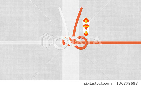 在現代日式和紙背景上，飾有莊重裝飾結「眼鏡結」的水引圖案 136878688