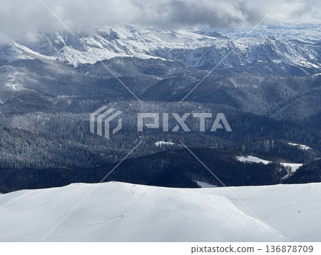 Snow-covered mountain landscape with layered winter forest and cloudy alpine peaks Snow-covered mountain landscape with layered winter forest and cloudy alpine peaks 136878709