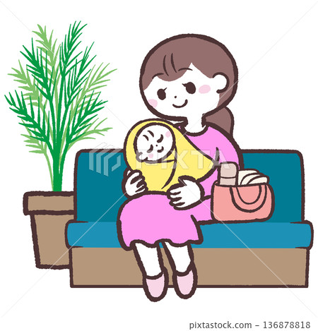 Illustration of a woman holding a baby sitting in a lobby 136878818