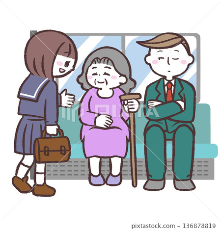 Illustration of a student giving up his seat to a senior woman 136878819