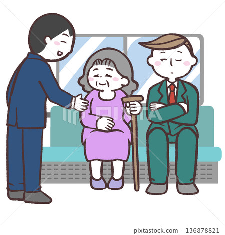 Illustration of a man giving up his seat to a senior woman Illustration of a man giving up his seat to a senior woman 136878821