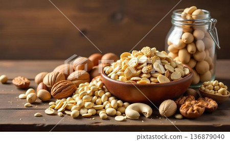 Various nuts in bowls, including peanuts and a peanut butter jar, are artfully arranged on a wooden table for National Peanut Month 136879040