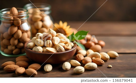 A wooden table features bowls of nuts, prominently showcasing peanuts and peanut butter, celebrating National Peanut Month 136879041