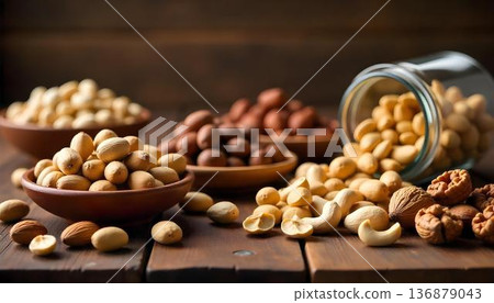 Bowls of assorted nuts, including peanuts and a jar of peanut butter, arranged on a wooden table for National Peanut Month 136879043