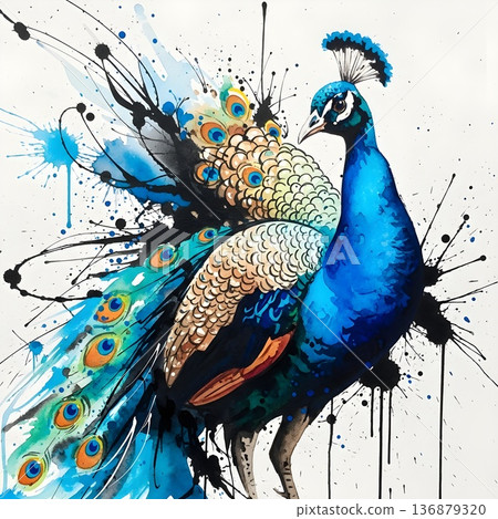 Majestic Peacock Watercolor Splatter Art Vibrant Colors 136879320