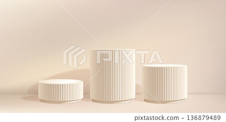 Beige product podium, shadow bg. Marble 3d pillar, light limbo. Soft spotlight gobo on white ramadan platform. Elegant fluted premium display studio. Three level cream cosmetic poduim, abstract stage 136879489