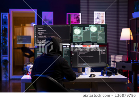 Hacker bypass firewalls in hidden underground shelter, launching DDoS attacks on websites. Rogue software developer in apartment working on malware scripts that can crash businesses servers 136879786