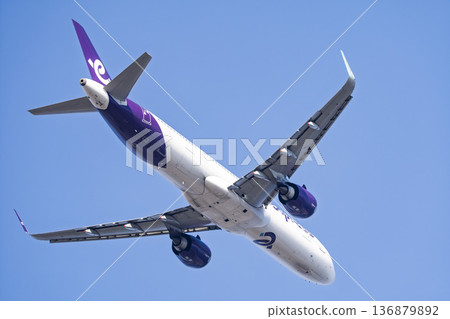 Sendai Airport in winter, airplane taking off, Natori City, Miyagi Prefecture 136879892