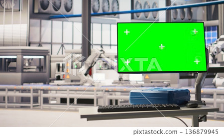 Chroma key mockup display in industry 4.0 solar panels plant troubleshooting equipment malfunctions. Green screen in smart photovoltaics factory alerting in case of maintenance need, zoom in shot Chroma key mockup display in industry 4.0 solar panels plant troubleshooting equipment malfunctions. Green screen in smart photovoltaics factory alerting in case of maintenance need, zoom in shot 136879945