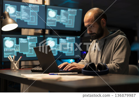 Dedicated male programmer in sweatshirt reviews system data and writes coding scripts on laptop. Focused developer improving cloud computing protection to prevent cybercrime during night shifts. Dedicated male programmer in sweatshirt reviews system data and writes coding scripts on laptop. Focused developer improving cloud computing protection to prevent cybercrime during night shifts. 136879987