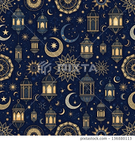 Beautiful Islamic Celebration Pattern with Lanterns Moons and Stars 136880113