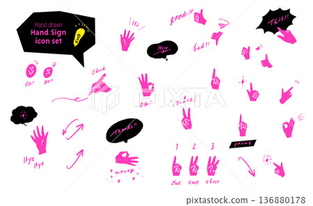 Stylish fluorescent pink and black hand sign icon set. Hand-drawn hand gesture illustrations. 136880178