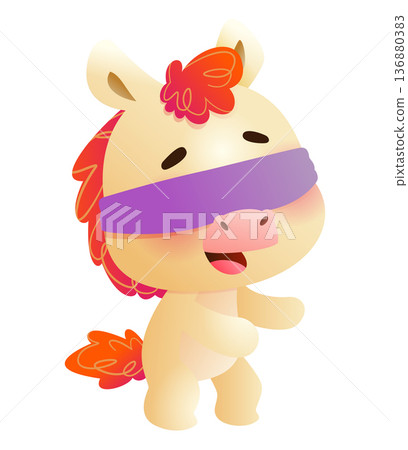 Cute blindfolded cartoon horse character mascot isolated on white background 136880383