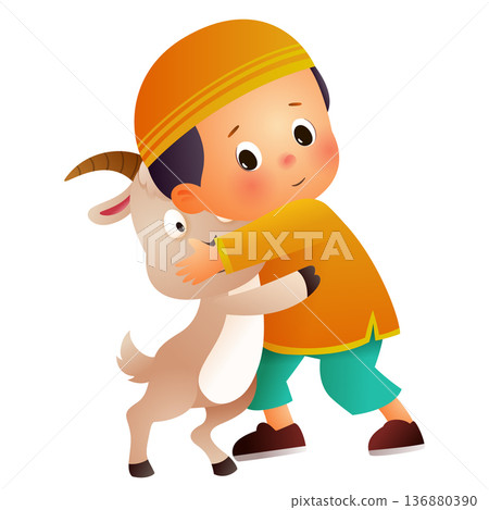 Cute Muslim boy hugging goat cartoon character isolated white background 136880390