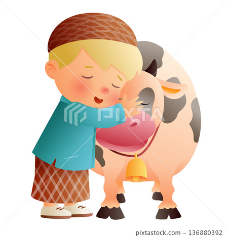 Cute boy petting cow cartoon character isolated on white background 136880392