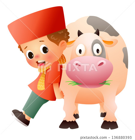 Cute boy walking with cow cartoon character isolated white background Cute boy walking with cow cartoon character isolated white background 136880393