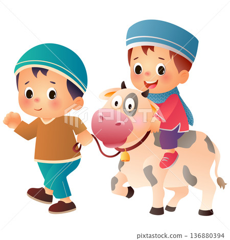 Cute boys with cow cartoon character isolated on white background 136880394