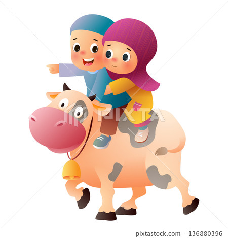 Cute children riding cow cartoon character isolated on white background 136880396