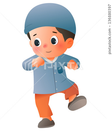Cute Muslim Boy Cartoon Character Walking Happily Isolated Illustration Cute Muslim Boy Cartoon Character Walking Happily Isolated Illustration 136880397