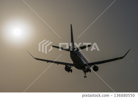 Sendai Airport at dusk, sunset and landing planes, Natori City, Miyagi Prefecture 136880550