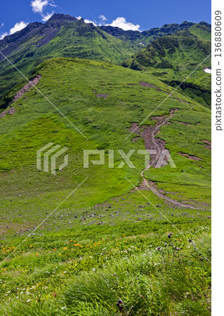 從鳥海岳八鳥坂眺望新居山山頂峰。 136880609