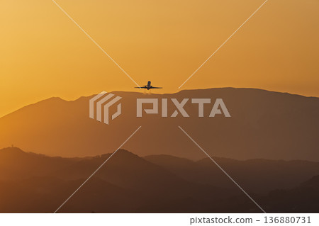 Sendai Airport at dusk: Sunset and planes taking off, Natori City, Miyagi Prefecture 136880731