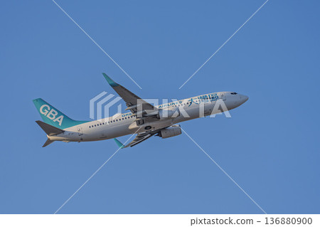 Sendai Airport at dusk, airplane taking off, Natori City, Miyagi Prefecture 136880900