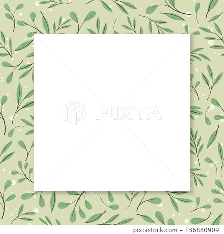 Blank white square frame on various green leaves pattern hand drawn style background 136880909