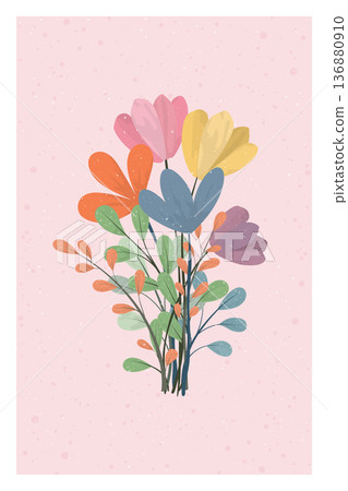 Pastel spring flowers bouquet hand drawn style on pink backgroundwith white frame vertical template. 136880910