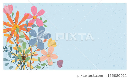 Pastel spring flowers bouquet hand drawn style on light blue background with white frame horizontal template have blank space 136880911