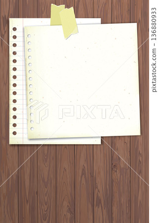 Old notepaper and lined paper with stains effect stick on cut timber panels vertical background have blank space 136880933