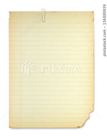 Vintage lined notepaper size A4 have stains effect with paper clip isolated 136880939
