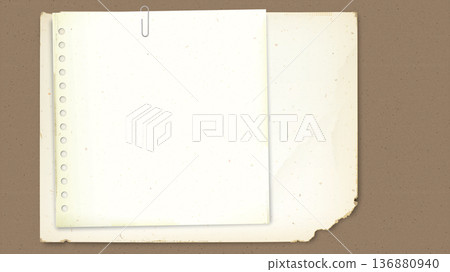 Both of old paper with stains effect overlap and attached by paper clip have craft paper background. 136880940